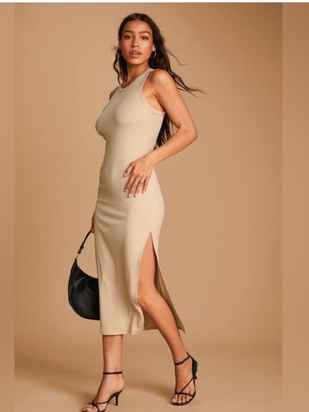 NWT Lulus Simply Wonderful Tan Ribbed Bodycon Midi Dress